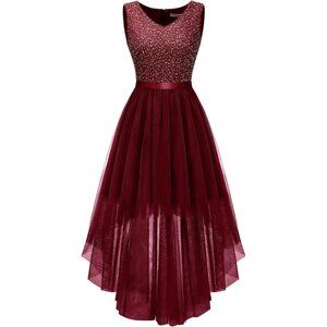 BeryLove Women Tulle Burgundy Chiffon Scoop Neck Sleeveless Cocktail Dresses